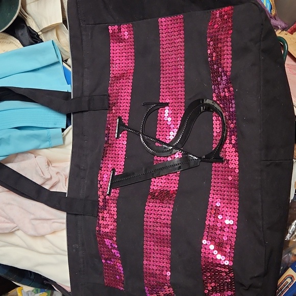 Victoria Secret Tote Bag Black Pink Sequin Weekender Oversize Bag Lined - Picture 1 of 3